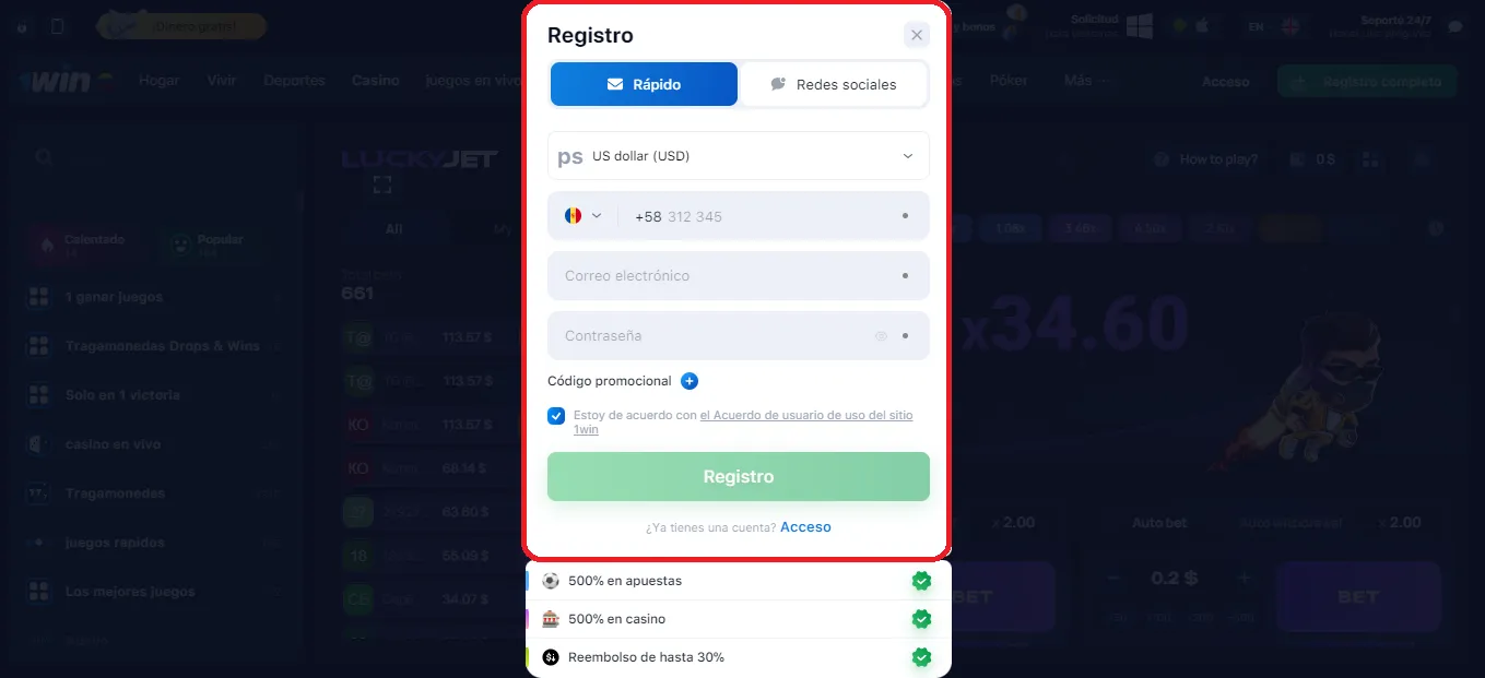 Página para registrarse en 1Win Casino